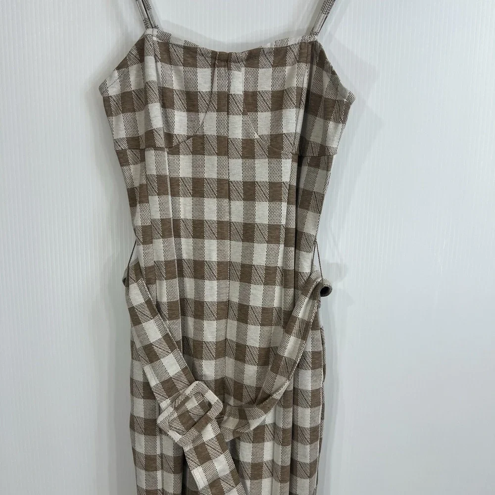 En Saison ANTHROPOLOGIE Mani Gingham Plaid Jumpsuit Size XS Beige Belted Pockets